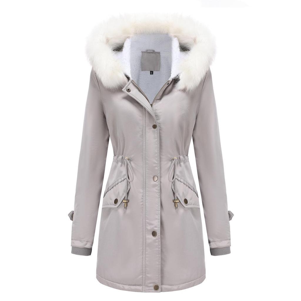 2023 Women's Detachable Fur Collar Parka: Long Sleeve Hooded Cotton Coat with Fleece Lining for Autumn/Winter