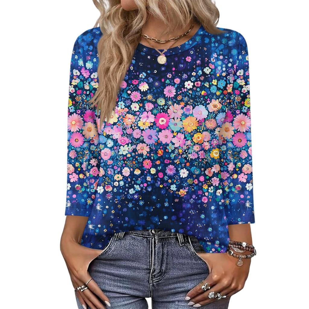343/4 Sleeve Shirts For Women Cute Print Graphic Tees Blouses Casual Plus Size Basic Tops Pullover