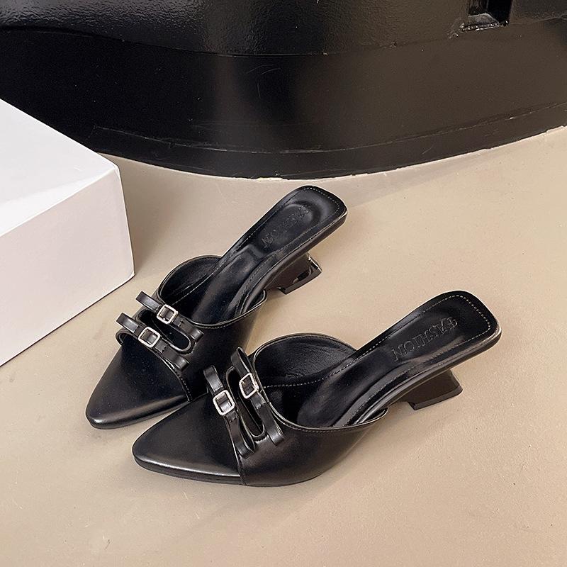 

2025 лето новые остроносые тонкие с бантом шлепанцы на низком каблуке на среднем каблуке носить сандалии женская обувь 35 чёрный