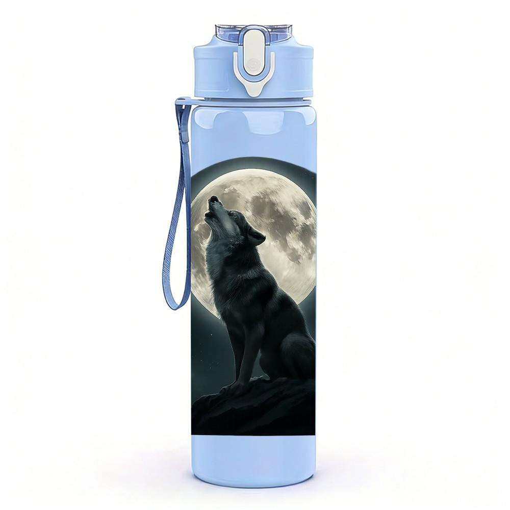 1PC Wolf Howling Moon Night Print 750ml Color Plastic Sports Water Bottle Leakproof Flip Straw Lid Suitable for Sports Office Home Use