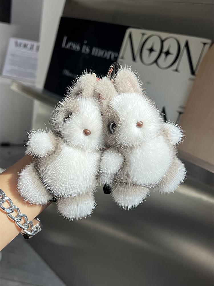 Cute Rabbit Real Mink Fur Key Chains Plush Bunny Toy Girls Schoolbag Charm Ornaments Women Car Keyrings Rearview Mirrors Pendant