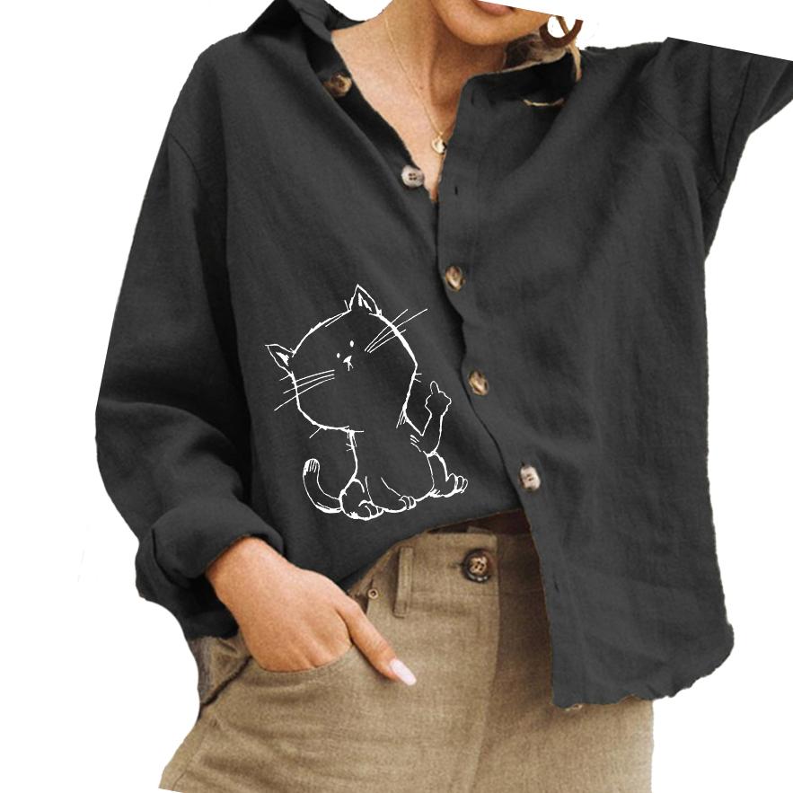 Women Fashion Cotton Linen Shirt Casual Cat Print Blouse Ladies Turn-down Collar Button-down Shirt