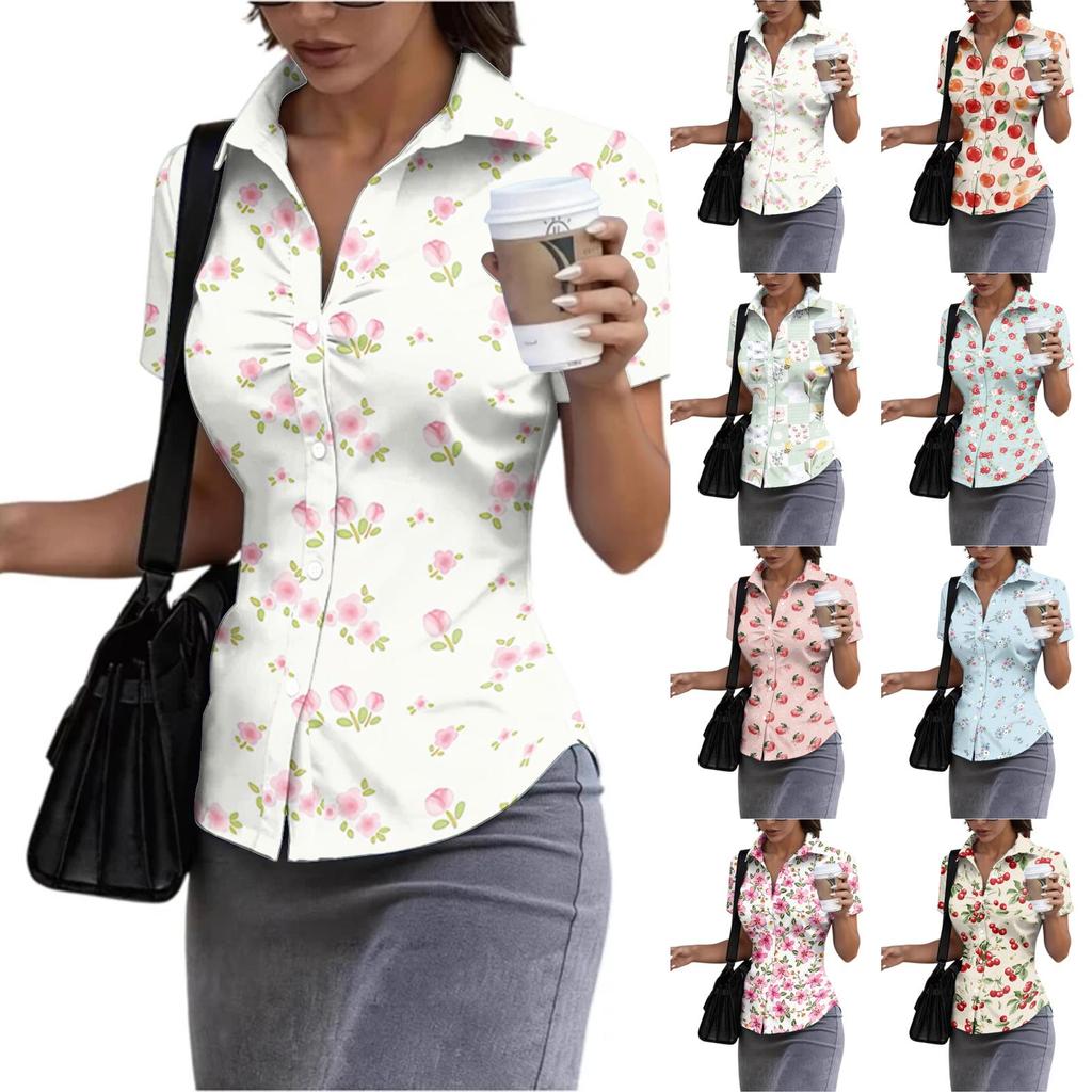 Women's Short Sleeve Button Down Shirt Slim Fit Collared Blouse Lightweight Casual Workwear Top for Summer