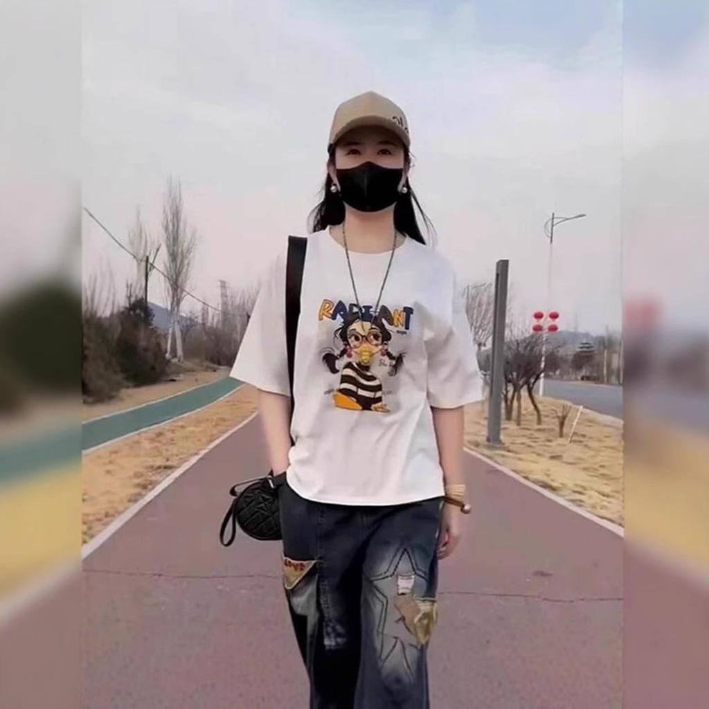 Damen Locker Geschnittenes T-Shirt mit Cartoon-Mädchen-Print, Kurzarm - 2025 Sommer Casual Rundhals-Oberteil