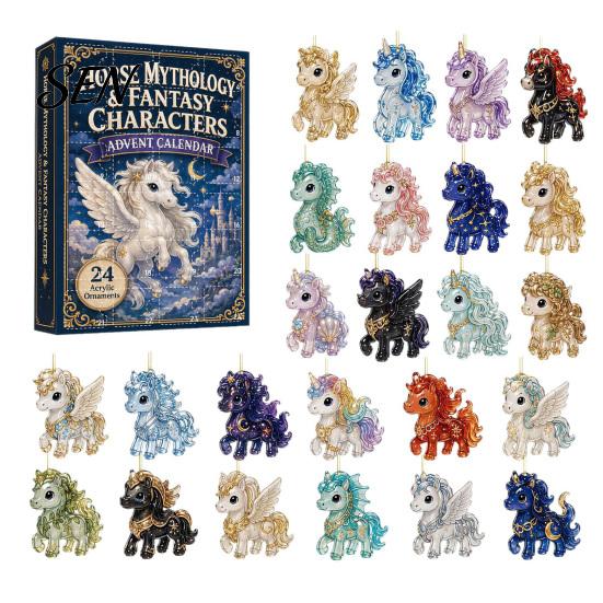 Christmas Tree Hanging Decorations Fantasy Horse Advent Calendar, 24-Day Acrylic 2D Ornament Set Collectible Figures with Magical Designs, Countdown