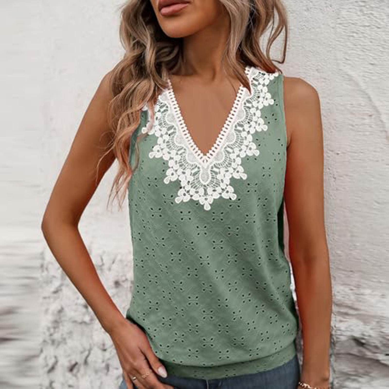 

Женский повседневный дышащий топ без рукавов с V-образным вырезом и кружевом L зелёный