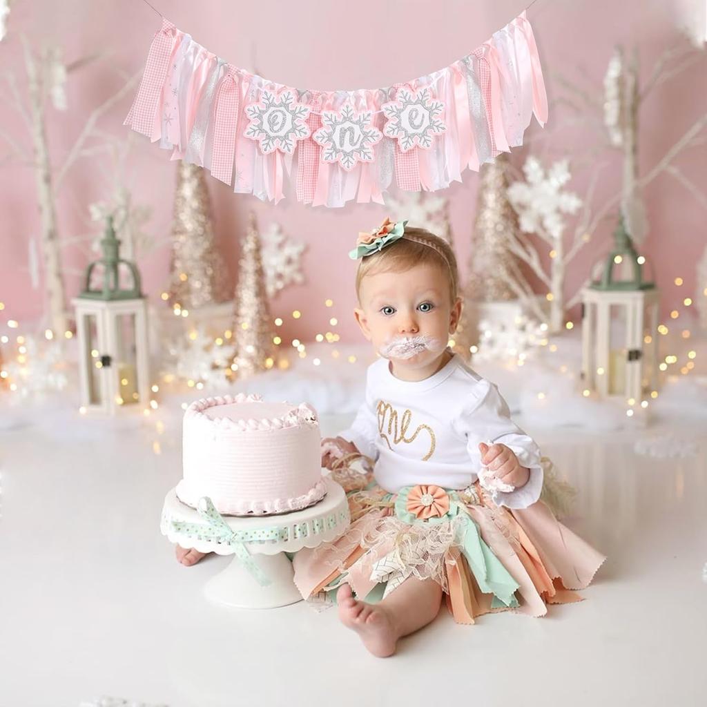 Pink Winter Onederland High Chair Banner – Winter Holiday 1st Birthday Decor, Pastel Pink and Silver Snowflake Highchair Tutu for Girl Cake Smash