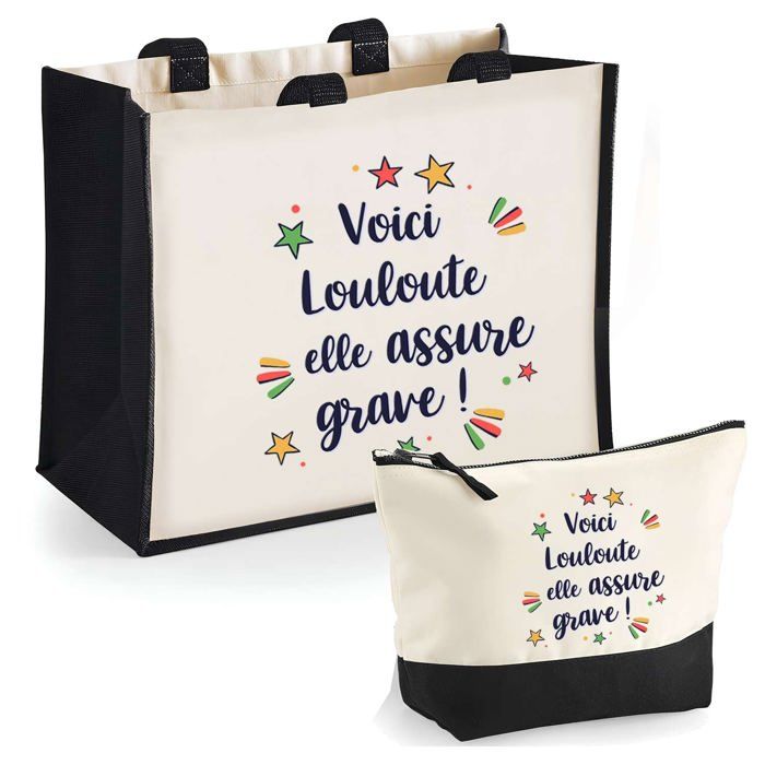 Coffret Tote bag - PLANETEE - Louloute elle assure grave - Jute & trousse - Impression DTF HD - Fabriqué en France