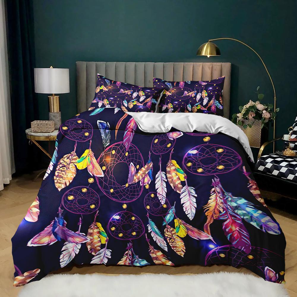 Dream Catcher Duvet Cover Set for Kids Polyester Bedding Set 3D Print Colourful Feather Pattern Bohemian Style King Queen Size