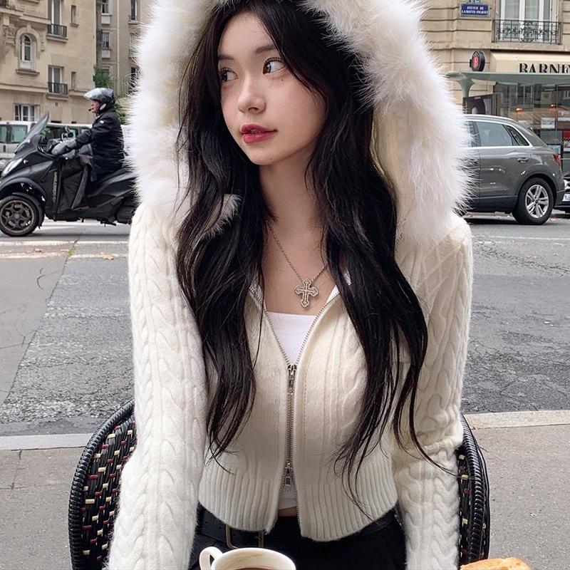 Furry Hooded Knitwear Hoodies Y2k Streetwear Full Sleeve Zip-up Women's Sweatshirts Korean Fashion Outwears Ladies