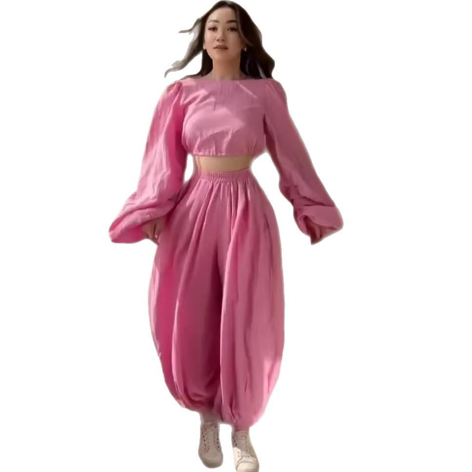 Cross-border Autumn New Suit Women's Bubble Sleeves Loose Long-sleeved Short Top Leggings Bloomers Set