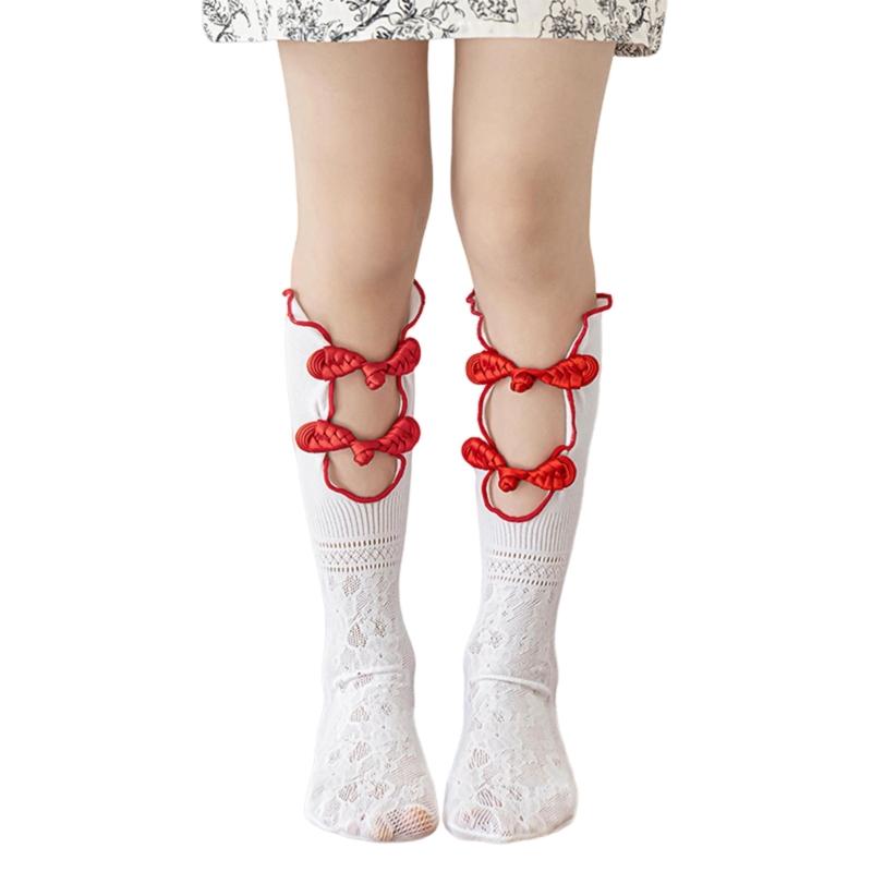 

1 Pair Girls Socks Traditional Chinese Style Spring and Summer Thin Stackable Socks Qipao Button Cute Long Calf Socks червоний