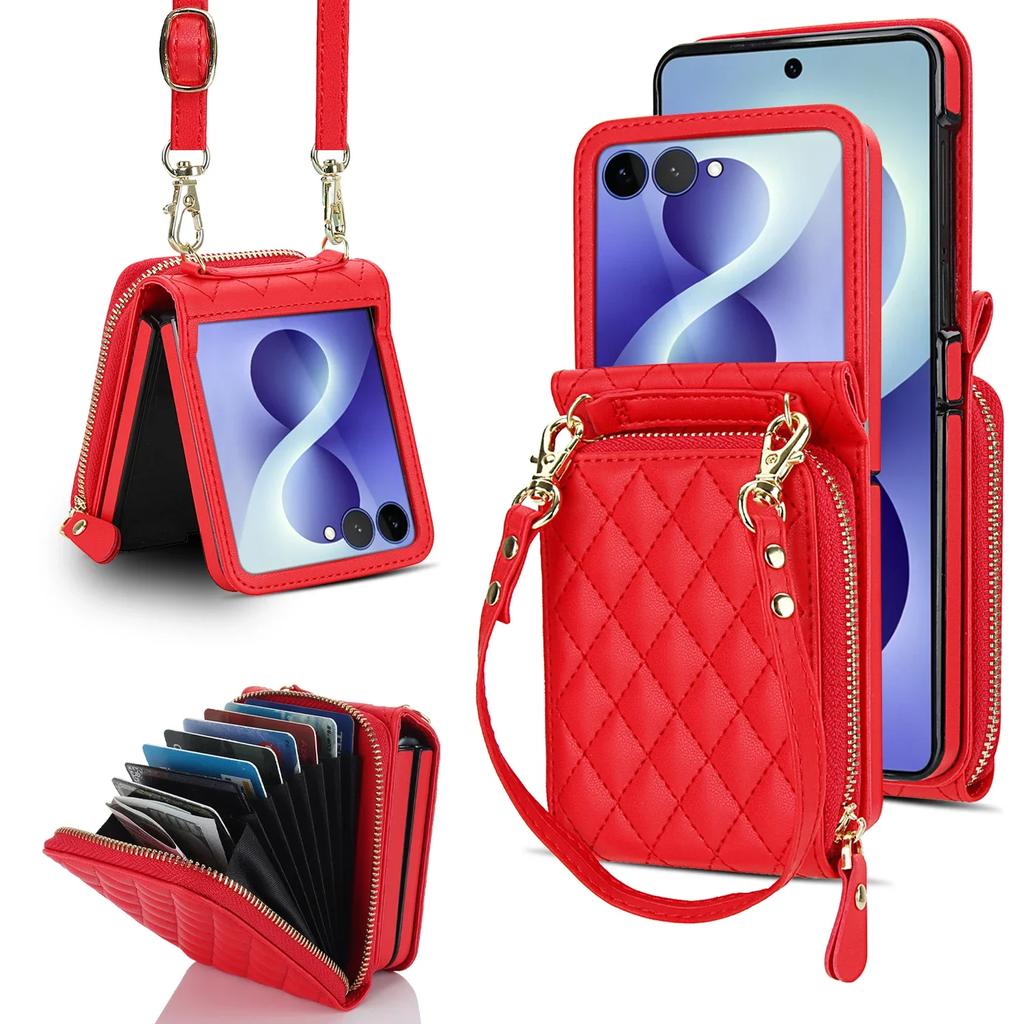 Crossbody portemonnee met lange riem, meerdere sleuven, ritssluiting, leren hoesje, geschikt voor Samsung Galaxy Z Flip 8 7 6 5 4 3 5G Beschermhoes