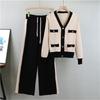 Autumn Knitted Suit For Women V Neck Slim Fit Cardigan  Wide Leg Pants Sweater Two Piece Set