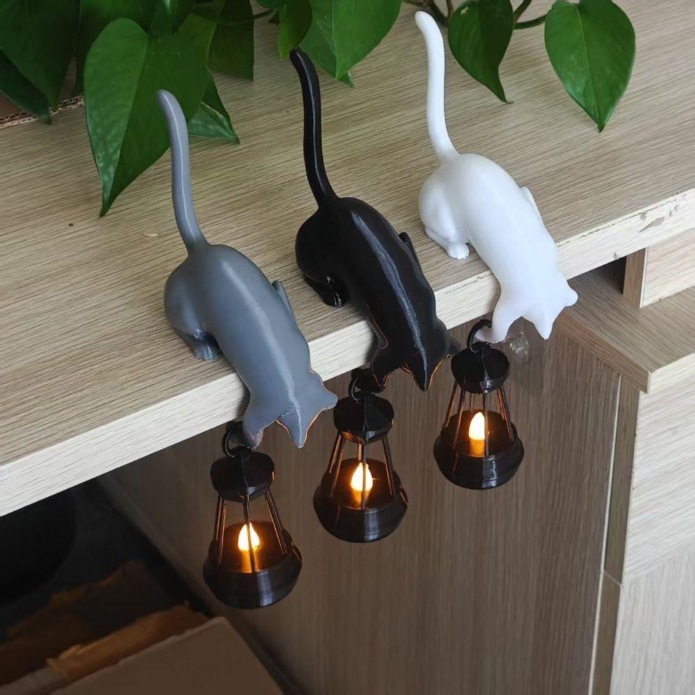 3D Printed Cat-Shaped Wall Hook Inverted Hanging Cute Wall Key Rack with Lantern Funny Wall Hanger Ornaments Desktop Decor