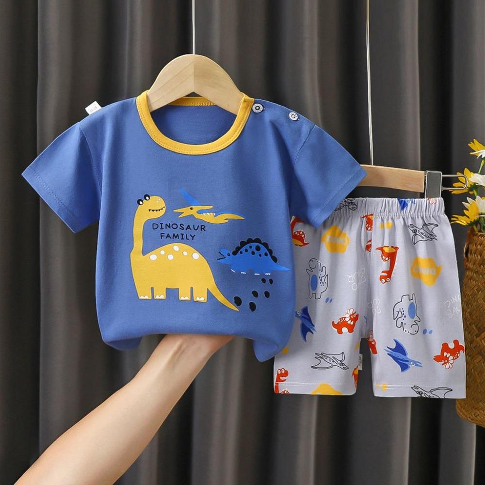 New Kids Boys Girls Summer Pajamas Cute Cartoon Print Short Sleeve T-Shirt Tops with Shorts Toddler Baby Clothing Sets