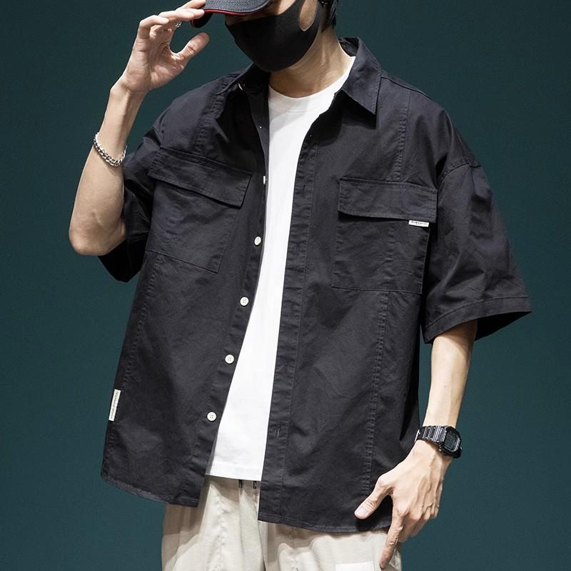 Summer short-sleeved shirt men s loose large size jacket trend tooling half-sleeved casual all-match shirt M чёрный