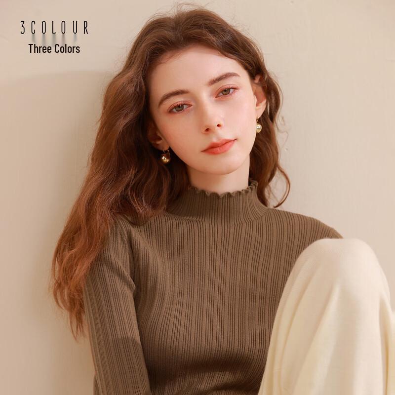 Sancai 2026 Spring Ribbed Mock Neck Ruffle Edge Slim Fit Long Sleeve Top XL