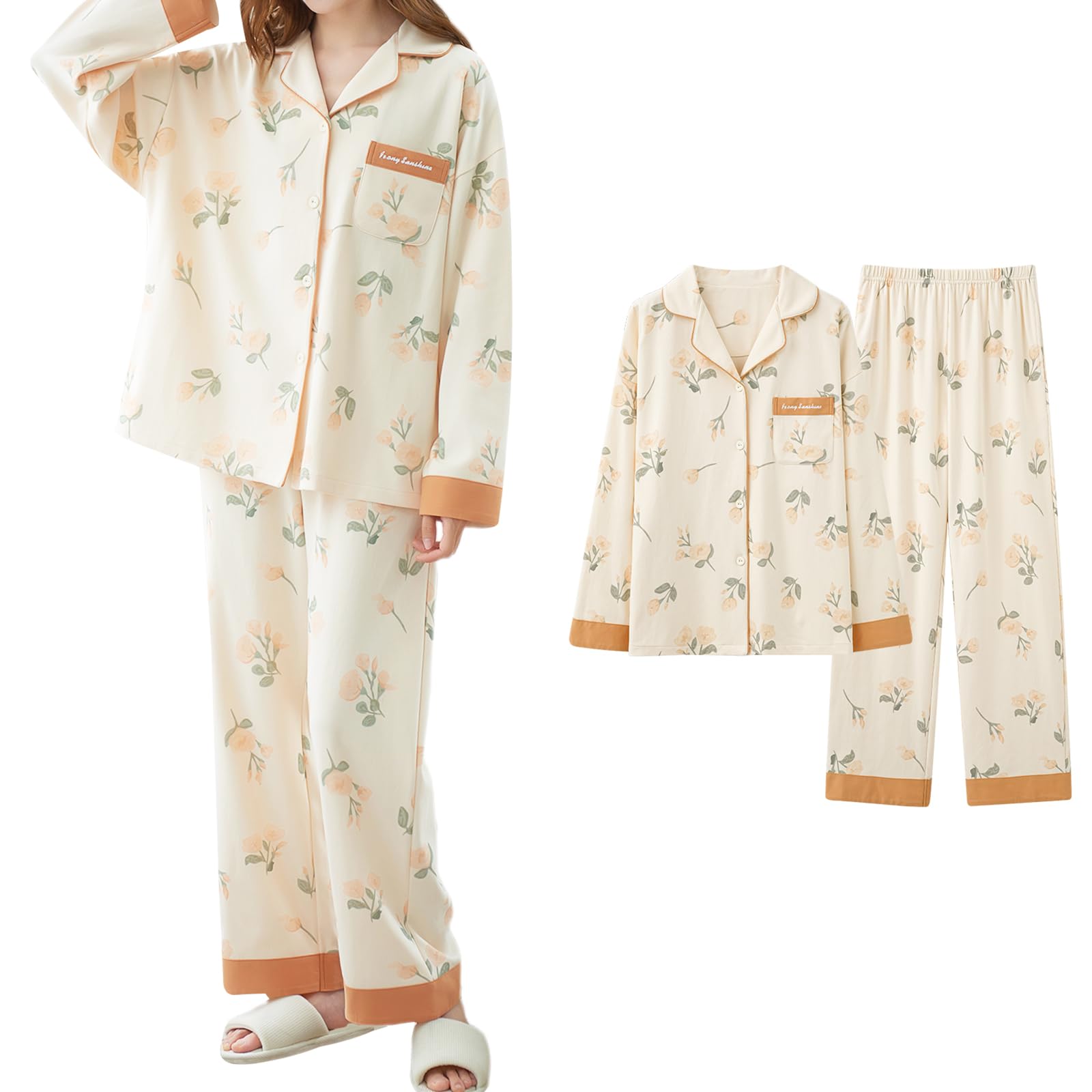 

AQRTPXU Cotton Long Floral Stand Loose Plus Open Loungewear for Adults Women s Pajamas, Sleeve, Print, Collar, Fit, Lightweight, Cute, Stylish,