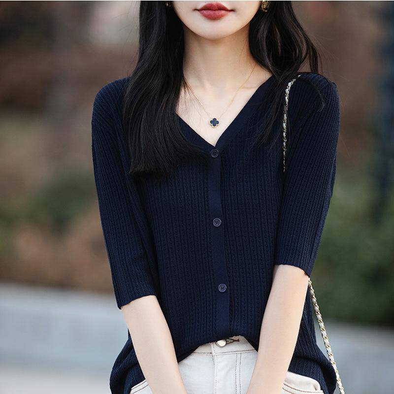 Women's 5/ Sleeve Cardigan V Neck Elegant Twist Knit Top