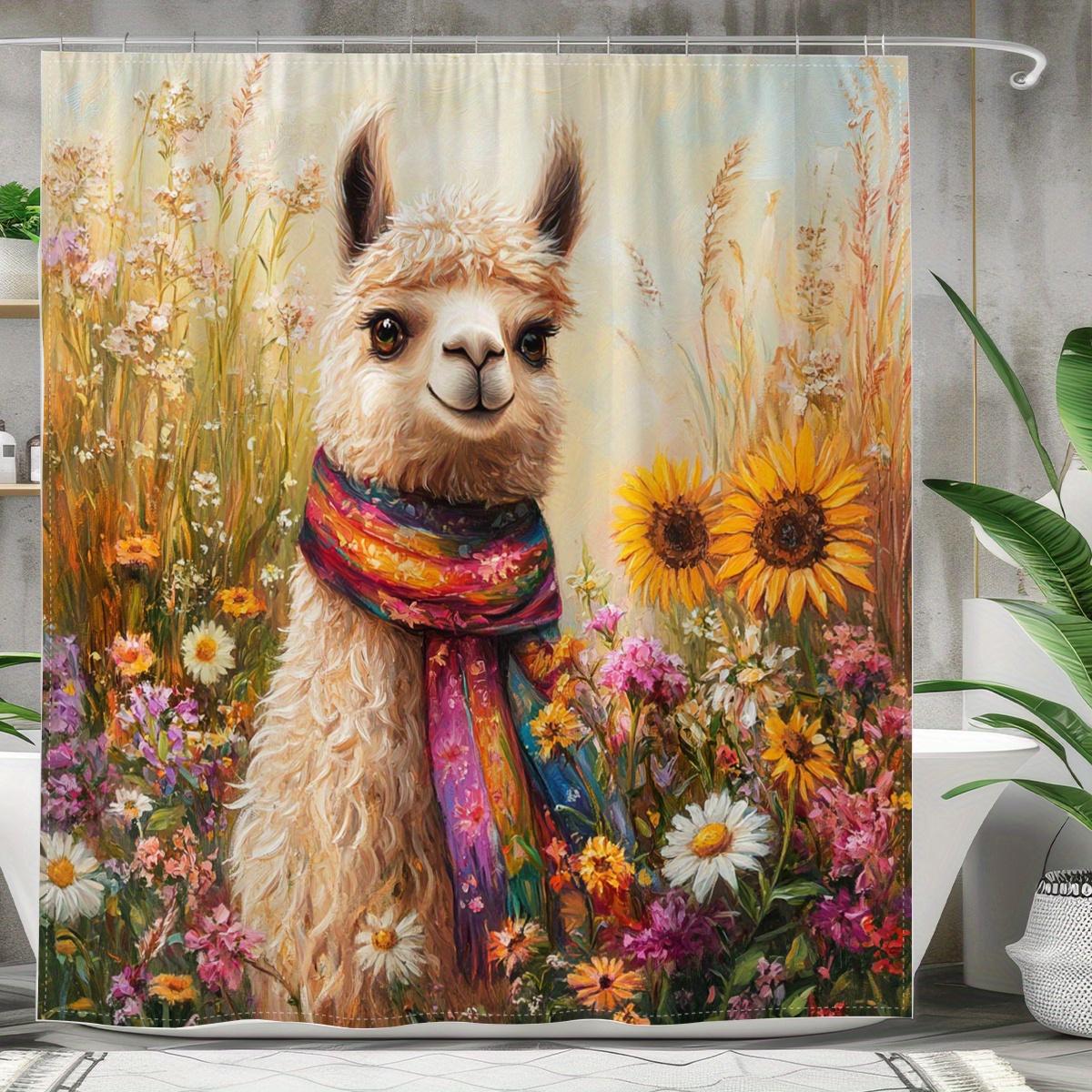 Open 1pcs Cute Alpaca Theme Digital Printed Shower Curtain, Polyester Fabric Shower Curtain with Hooks, Curtain Home Decor 90X180cm