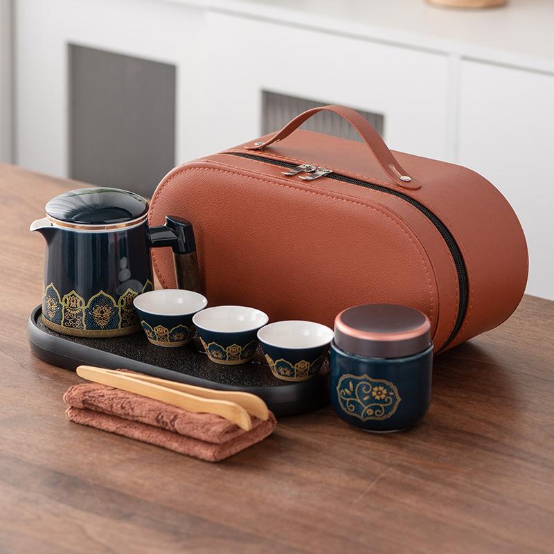High-end Leather Bag Travel Kung Fu Tea Set Ceramic One Pot Three Four Six Cups Company Commemorative Gift