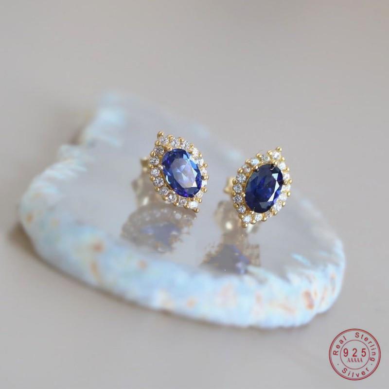 

925 Sterling Silver Plated 14K Gold Blue Big Zircon Earrings for Women French Vintage High Quality Wedding Anniversary Jewelry Gold