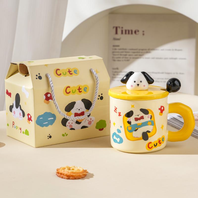 Ceramic Puppy Cup Birthday Gift Box Large Capacity Cup with Lid Spoon Global Couple Cup Souvenir