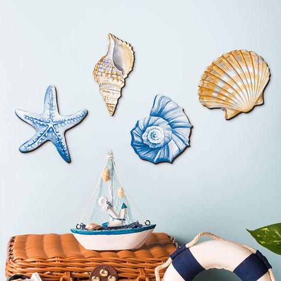 Marine Wall Decoration Wooden Board Hanging Coastal Conch Shell Unique Mediterranean