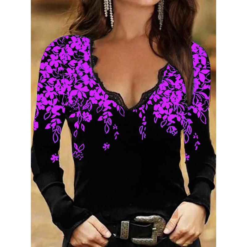 Tricou de damă cu mânecă lungă, cu decolteu în V și imprimeu floral, toamnă/iarnă 2023
