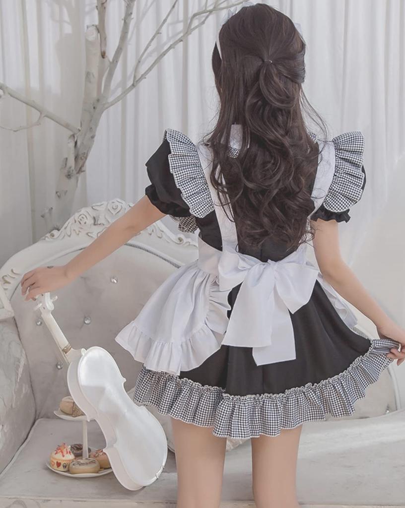 Damen Faul Lolita Dienstmädchen Cosplay Kurzes Kleid über dem Karomuster, Ärmel, Schürze, Knie, Mini, Grau, (Klein)