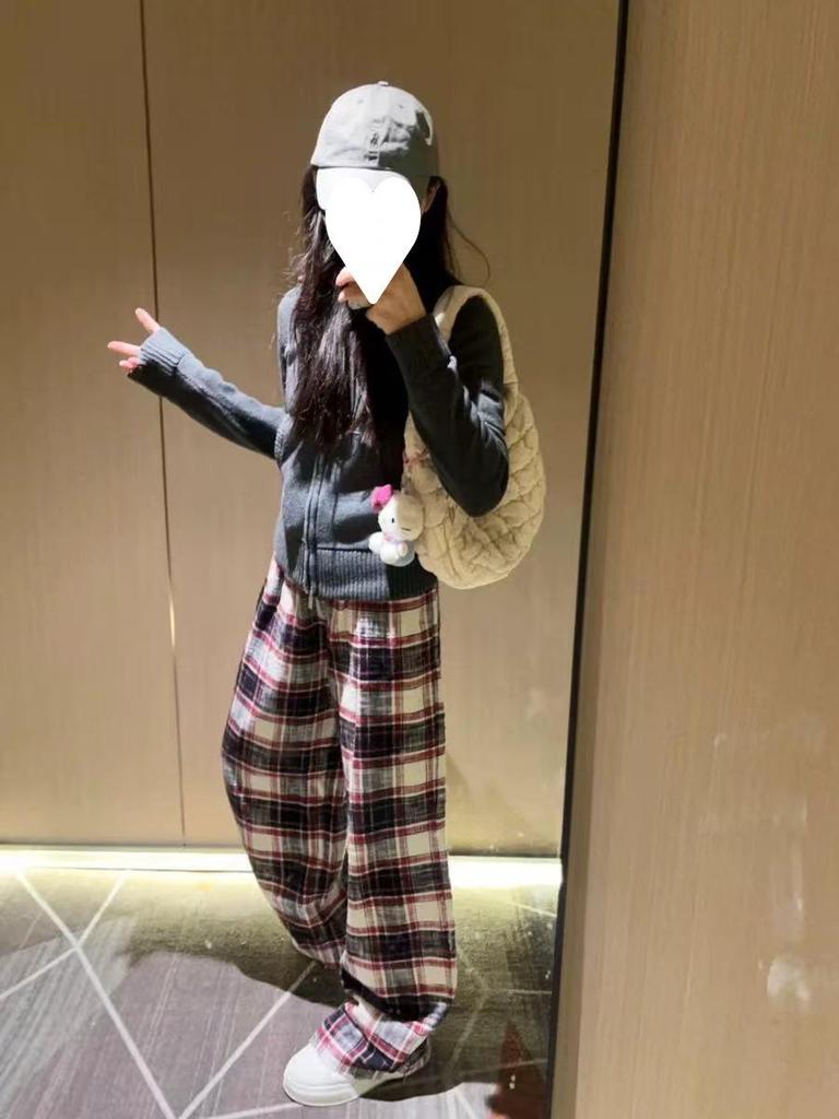 Women's Plaid Wide-Leg Retro Pants - Tall, Floor-Length Casual for Spring & Autumn
