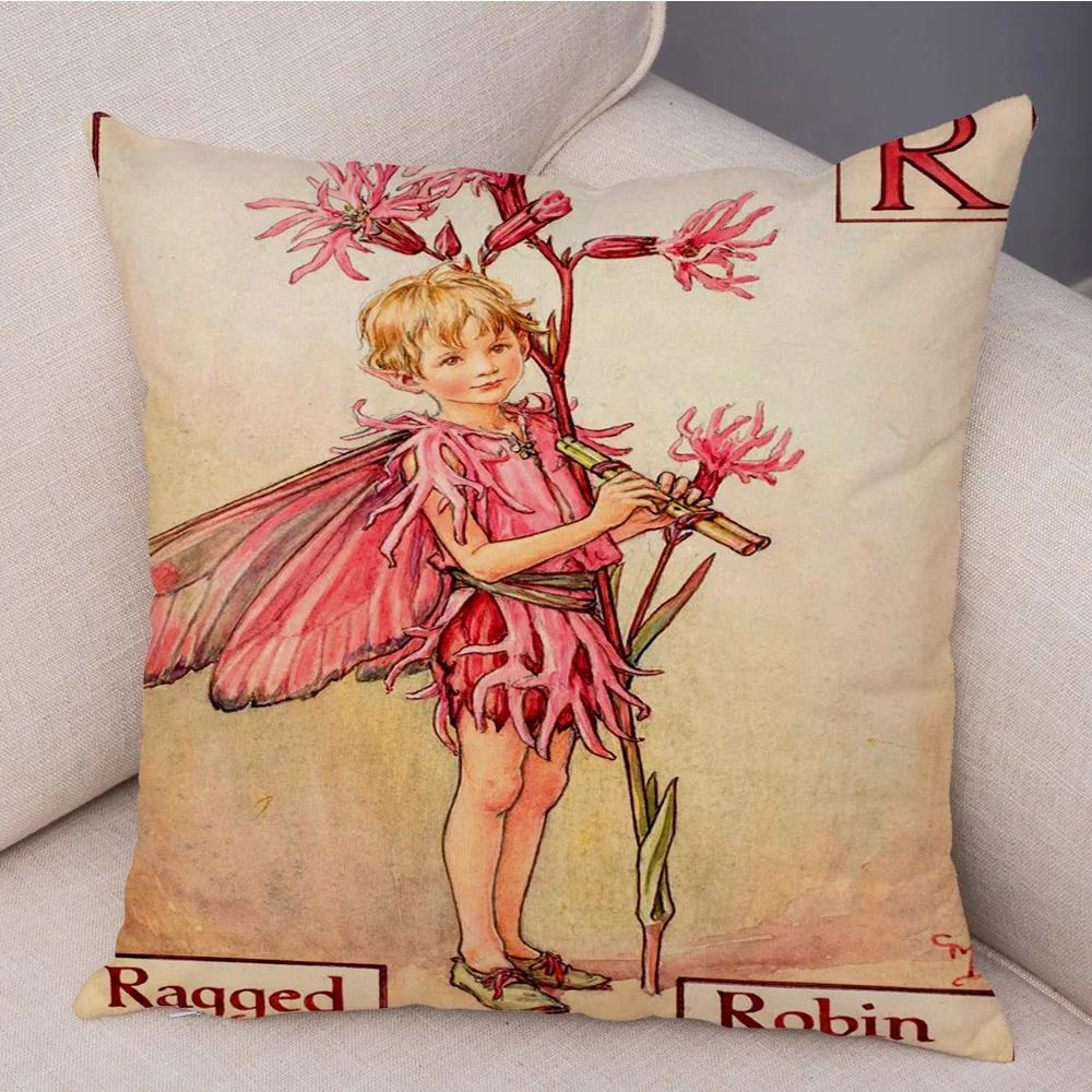 Vintage Floral Girl Pillowcase Decor Cute Cartoon Flower Elf Fairy Tale for Sofa Home Pillow Case Soft Plush Cushion Cover