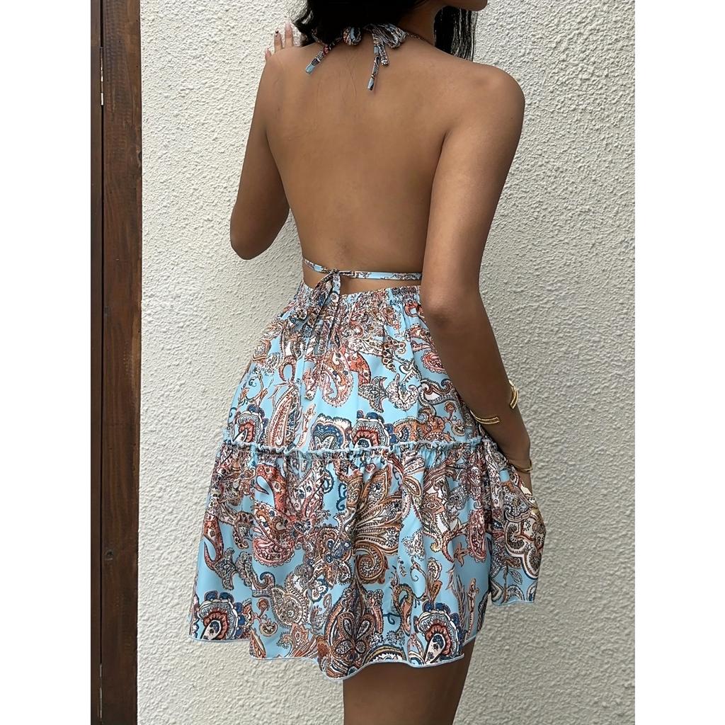 Women's Sexy Sleeveless V-neck Print Vacation Slip Dress for Women European American Summer Holiday