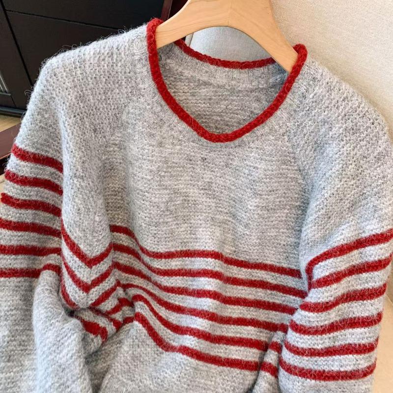 Real shot retro striped sweater women's new autumn and winter thickened lazy wind soft waxy loose pullover knitted sweater tide