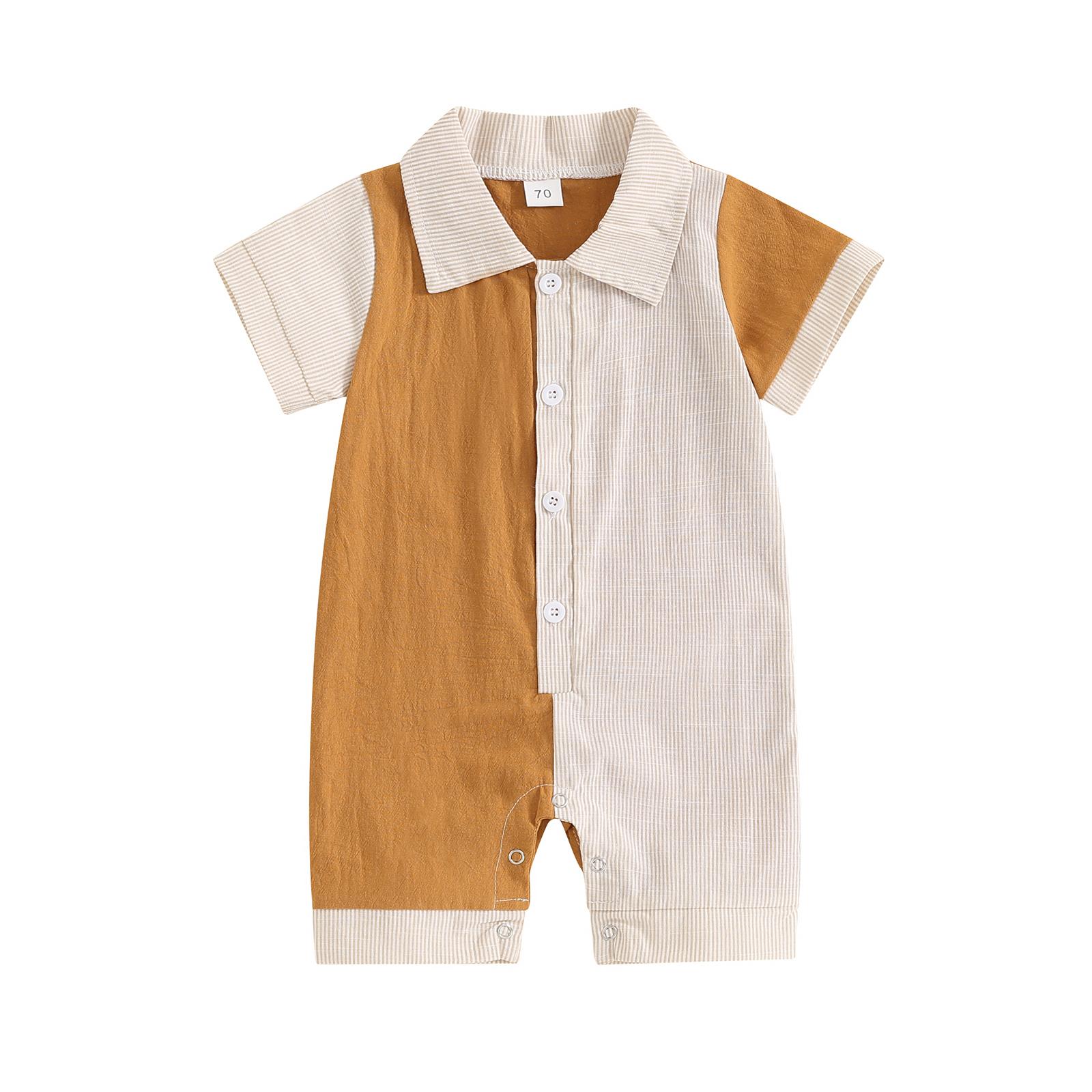 

Дитячий комбінезон для хлопчика літній з коротким рукавом, коміром з лацканами, смугастим принтом, ромпер для новонароджених 3-6 Months хакі