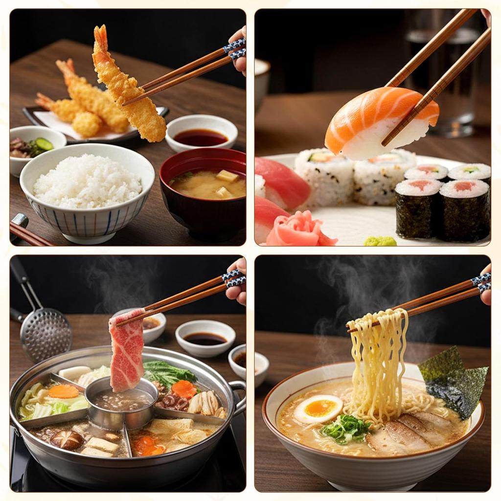 10 Pairs Wooden Chopsticks, Japanese Style Bamboo Chopsticks, Natural Reble Dishwasher Safe, Non Slip, 8.8 Inch/22.5cm