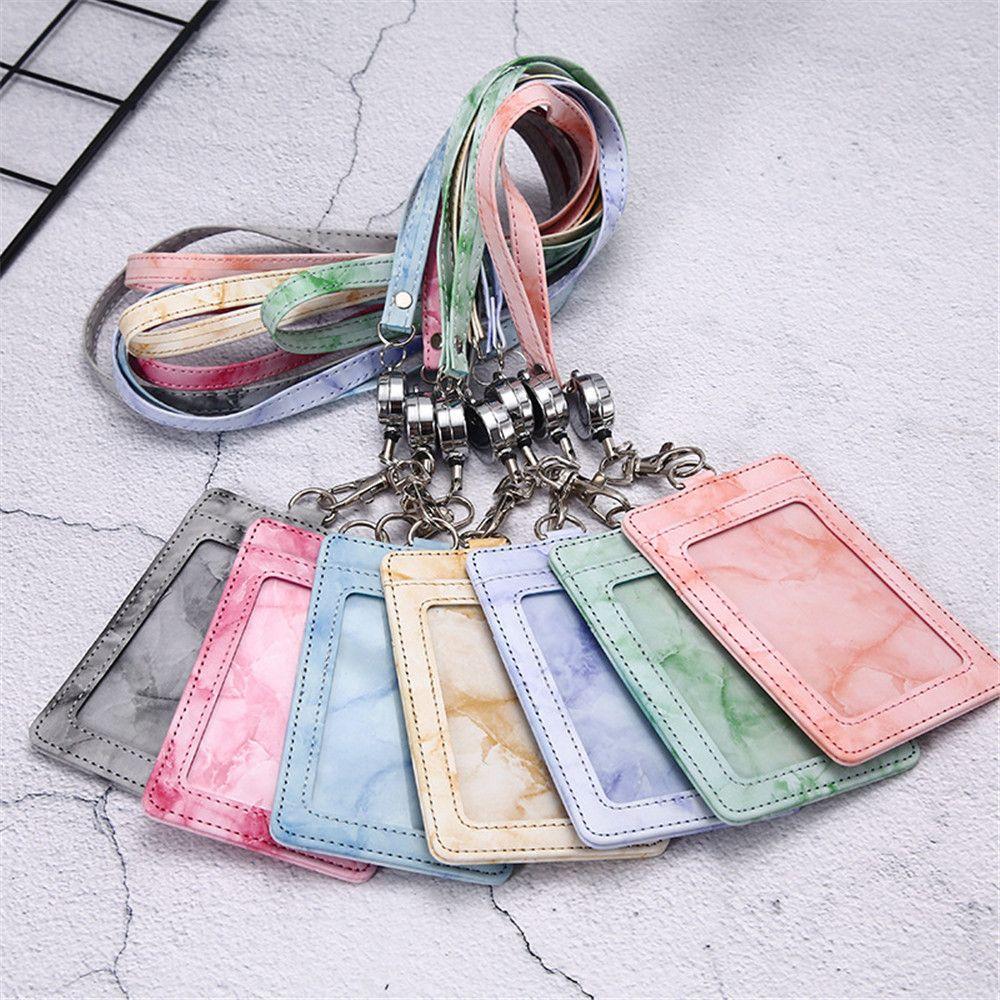 Lanyard Strap Marble Pattern PU Leather ID Cards Wallet Case Neck Lanyard Badge Holder Card Holder