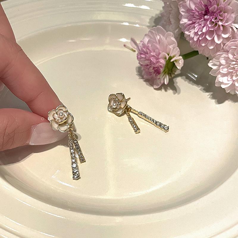 2024 Trendy Rhinestone Tassel Camellia Earrings for Women