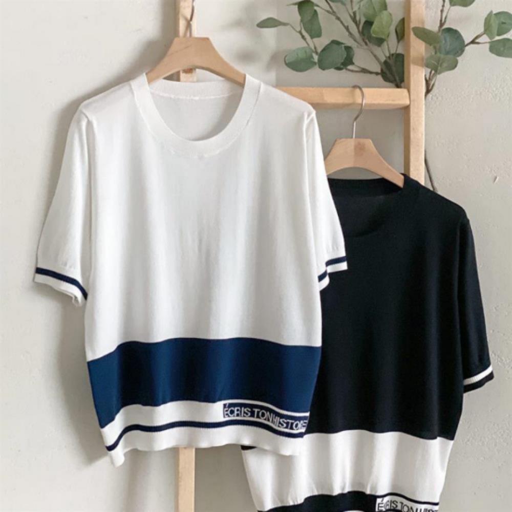 New Arrivals Open Run Women Color Block Stripe Loose Fit Round Neck Short Sleeve