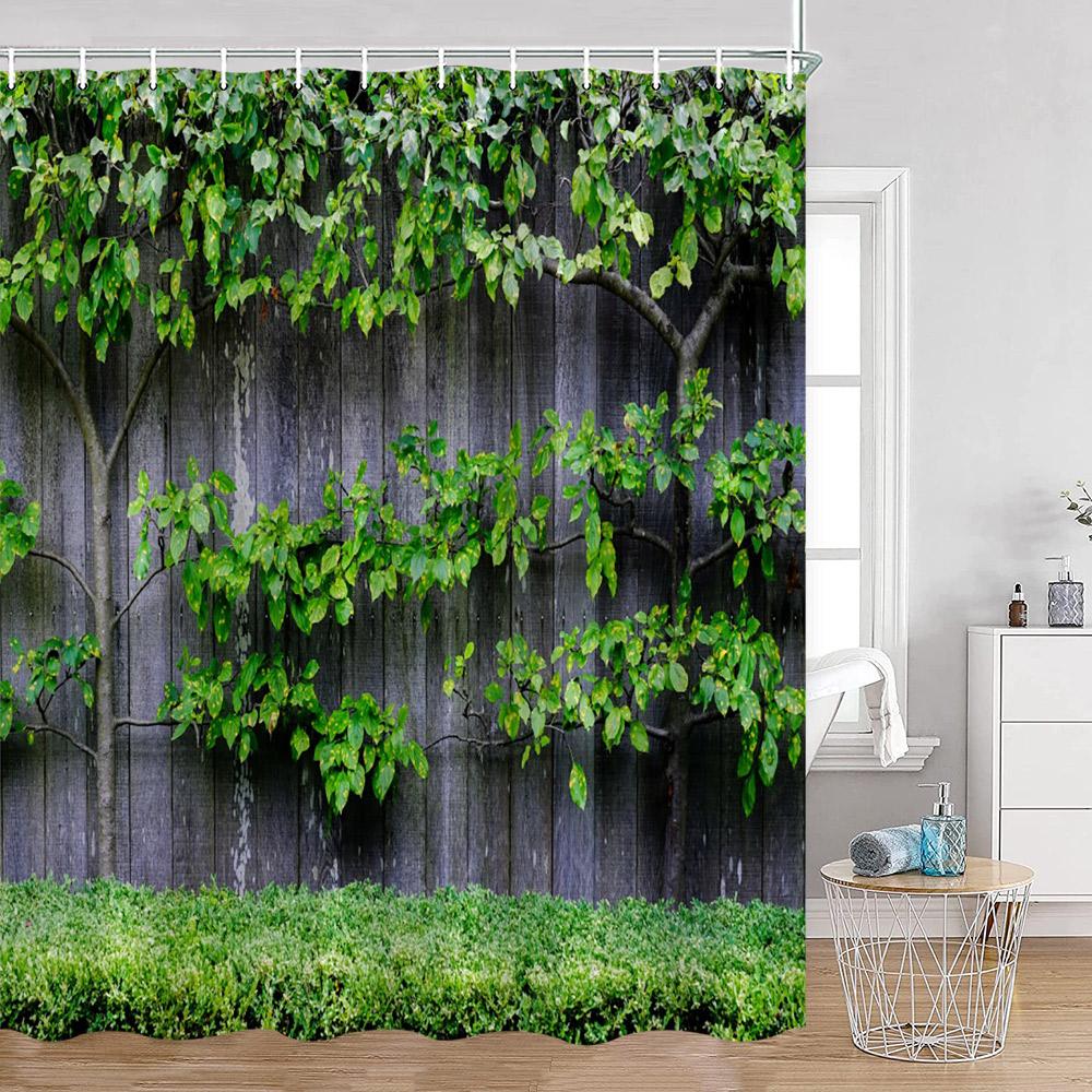 Green Vines Wall Shower Curtains Green Plants Greenery Bathroom Decorations Vintage Landscape Polyester Bath Curtains With Hooks