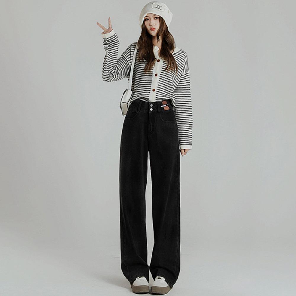 Autumn and winter 2025 double-breasted Spice Girl high-waisted jeans women's drape and thin straight-leg pants design sense niche tide