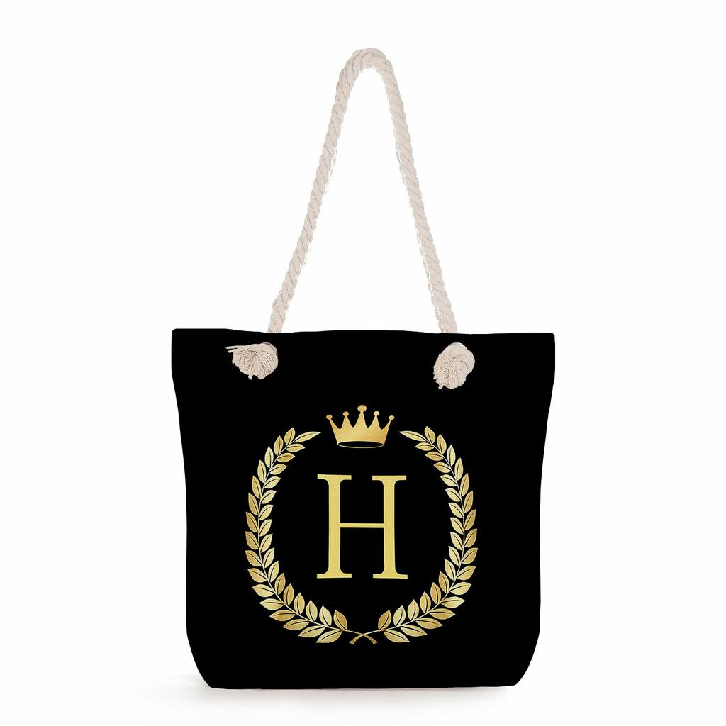 Black letters on a black background print thick rope single-shoulder beach bag 7289 CLE