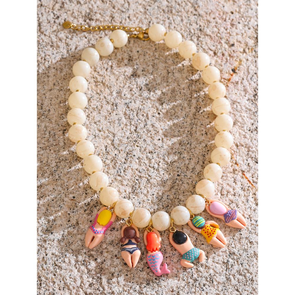 Yhpup Stylish Unique Handmade Jewelry Glass Imitation Stone Beads Chain Resin Bikini Doll Drop Creative Necklace Accessories
