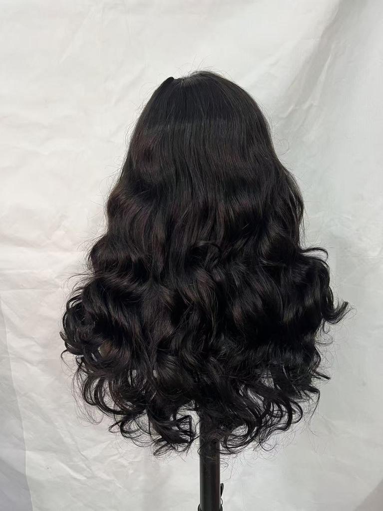SDD 250% Density Super Quality 4*4 Closure Fringe Bang Wig Brazilian Hair Transparent Lace Bouncy Wave for Black Women