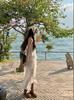 French Lace V-neck Suspender Dress Women's Summer Vacation Irregular Skirt White Beautiful Waist Mid-length Dress