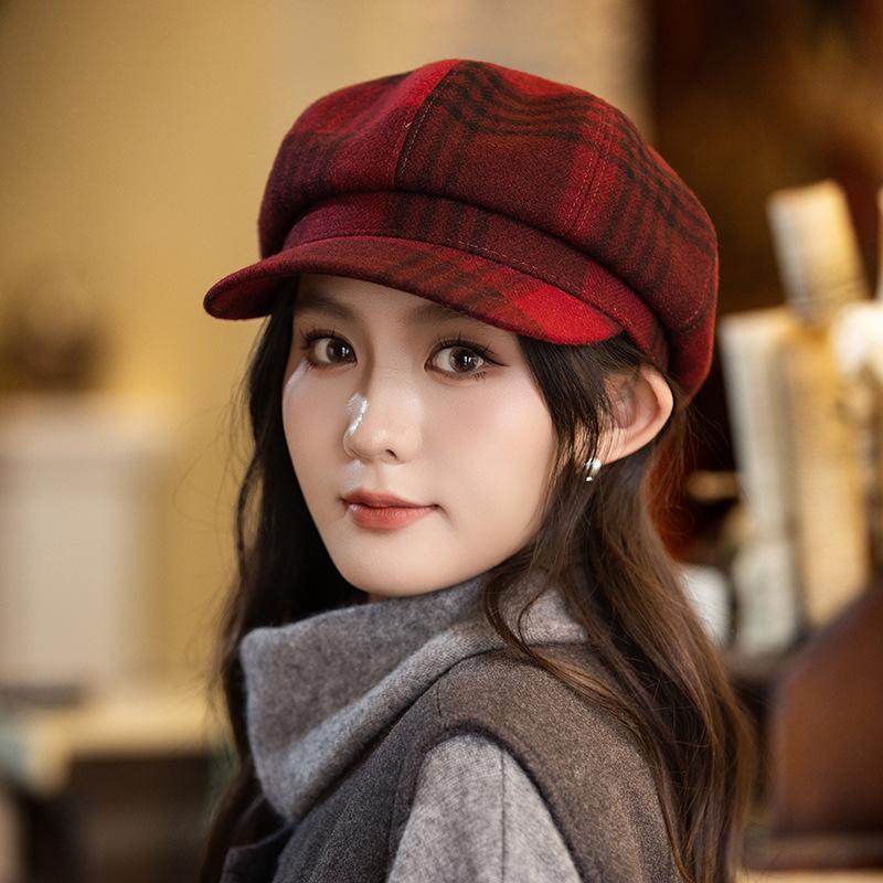 British Style Retro Plaid Bere Hat for Women In Autumn and Winter New Casual Versatile Painter Hat Windproof Warm Newspaper Boy Hat