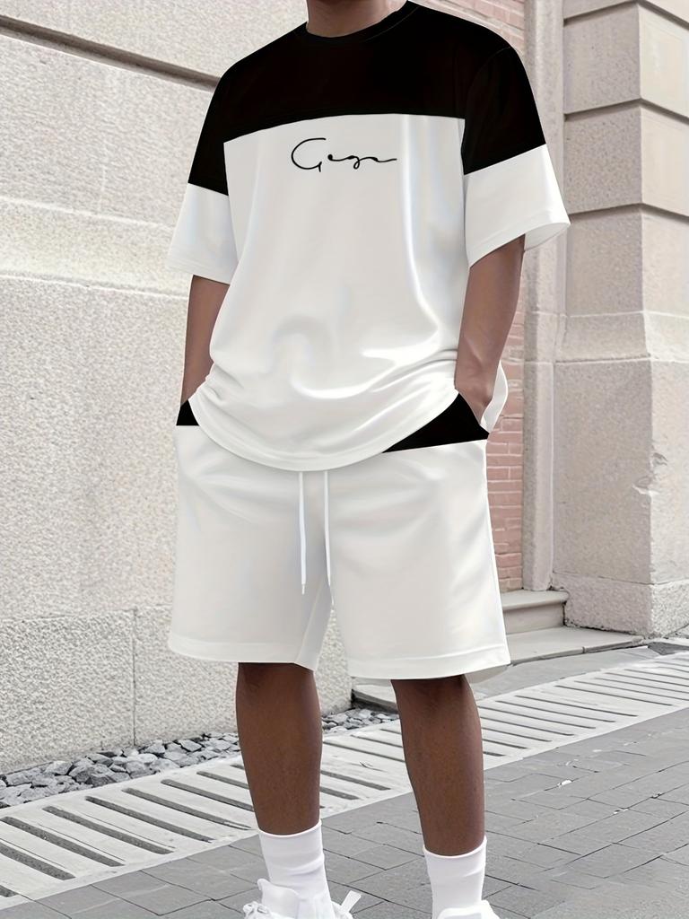 Summer T-Shirt Men's Running Athletic Outfit Two-Piece Set Crew Neck Short Sleeve Top & Shorts Men's Plus Size T-Shirt