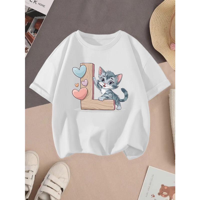 European sizes Wooden L Kitten Cotton girls T-shirt 110 белый