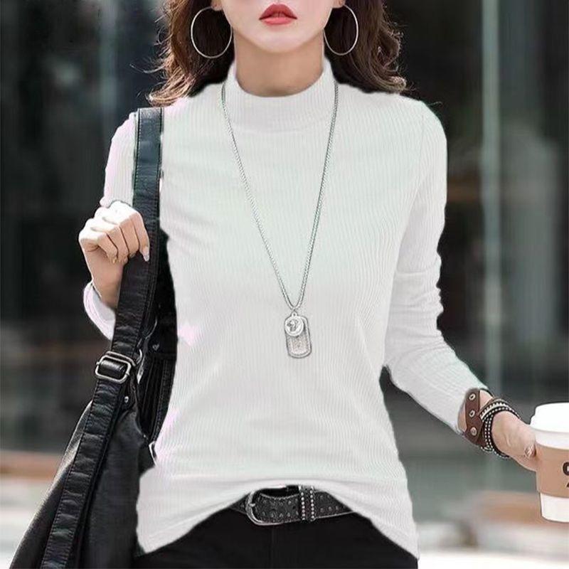 Ladies Autumn Winter Long Sleeve Stand Collar Slim Fit Basic Solid Color Pullover T Shirt Top for Layering
